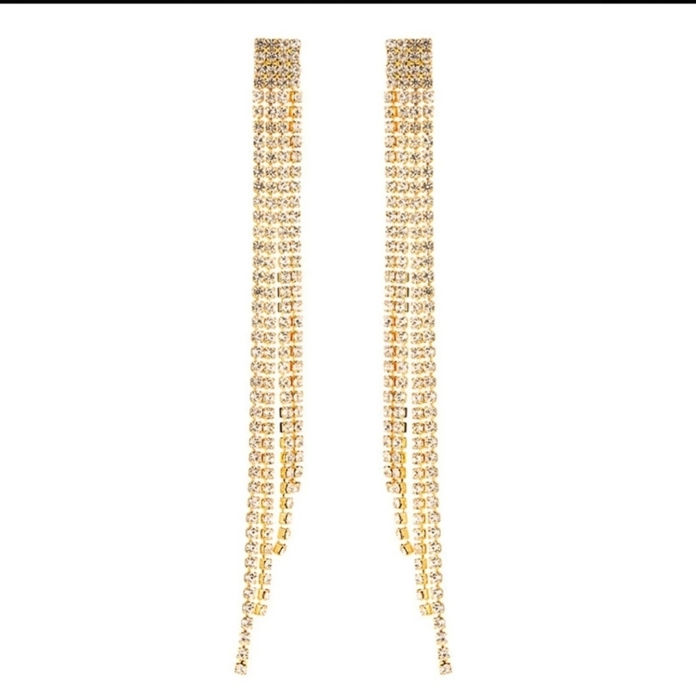 Long Tassel Rhinestone Earrings In Gold Tone